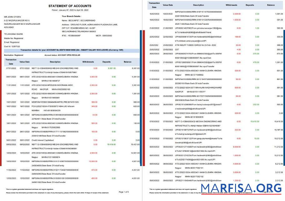 Printable India HDFC bank statement word 5 pages example